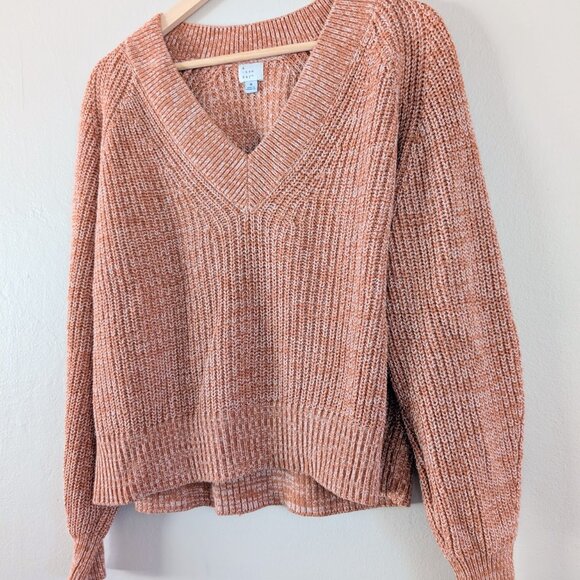 a new day Orange Marled Knit V Neck Cozy Sweater Chunky Knit Fishermancore M - Picture 3 of 5